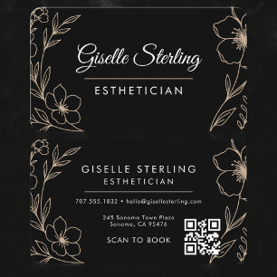 Carte De Visite Code QR d'Esthéticienne aux motifs floraux noirs