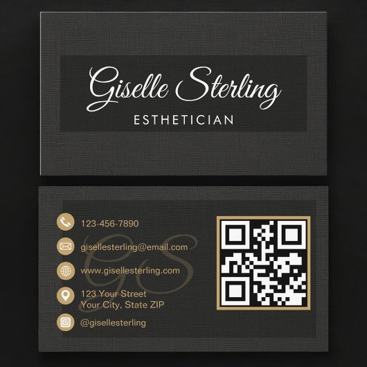 Carte De Visite Code QR d'esthéticienne Luxe Lin noir