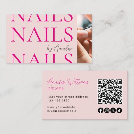 Carte De Visite Code QR d'icône sociale Blush Pink Modern Nails Ph (Devant / Derrière)