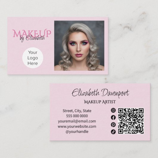 Carte De Visite Code QR d'icône sociale de script rose Blush Maqui (Devant / Derrière)