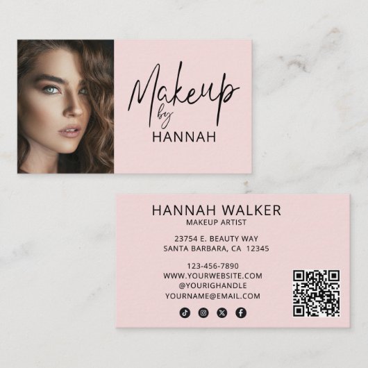 Carte De Visite Code QR d'icône sociale de script rose Blush Photo (Devant / Derrière)