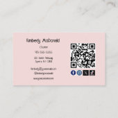 Carte De Visite Code QR d'icône sociale de script rose Blush Photo (Dos)