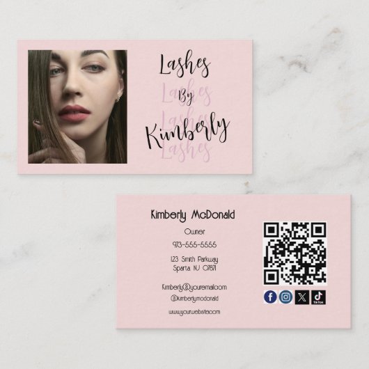 Carte De Visite Code QR d'icône sociale de script rose Blush Photo (Devant / Derrière)
