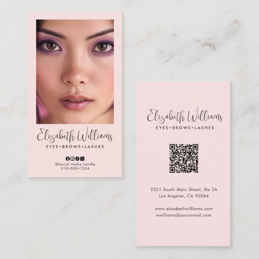 Carte De Visite Code QR d'icône sociale de script rose blush Photo (Devant / Derrière)