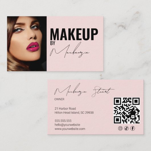 Carte De Visite Code QR d'icône sociale de script rose Blush Photo (Devant / Derrière)