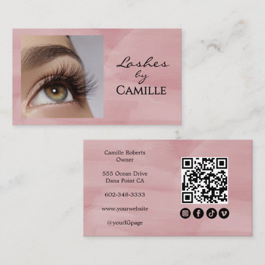 Carte De Visite Code QR d'icône sociale de script rose blush Photo (Devant / Derrière)