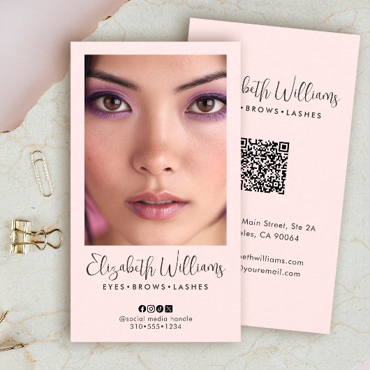 Carte De Visite Code QR d'icône sociale de script rose blush Photo