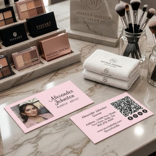 Carte De Visite Code QR d'icône sociale de script rose blush Photo