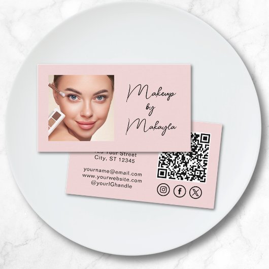 Carte De Visite Code QR d'icône sociale de script rose Blush Photo