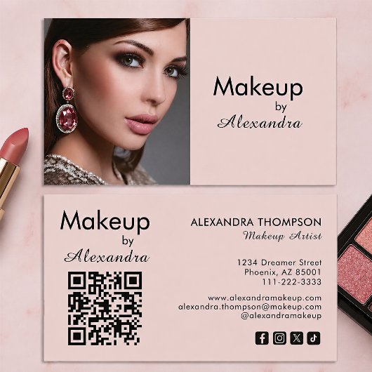 Carte De Visite Code QR d'icône sociale de script rose Blush Photo