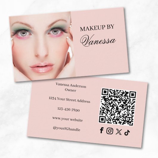 Carte De Visite Code QR d'icône sociale de script rose Blush Photo