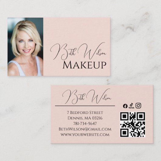 Carte De Visite Code QR d'icône sociale de script rose Blush Photo (Devant / Derrière)