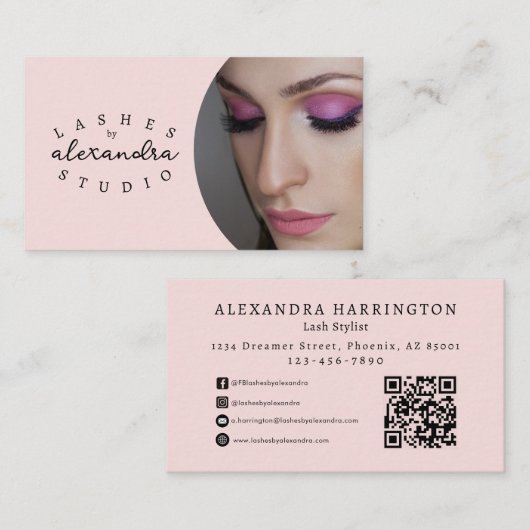 Carte De Visite Code QR d'icône sociale de script rose Blush Photo (Devant / Derrière)