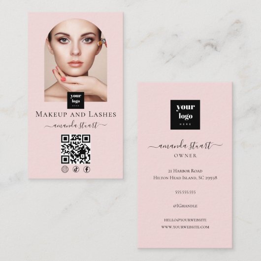 Carte De Visite Code QR d'icône sociale de script rose blush Photo (Devant / Derrière)