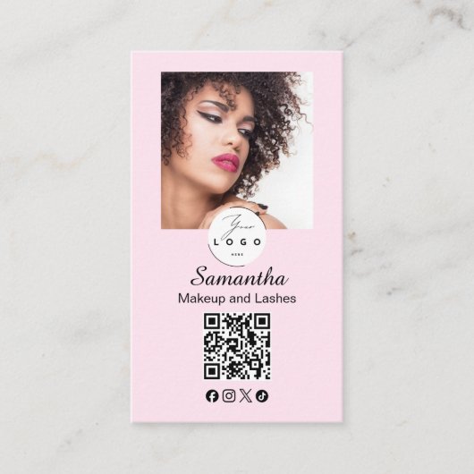 Carte De Visite Code QR d'icône sociale de script rose ému Maquill (Devant)