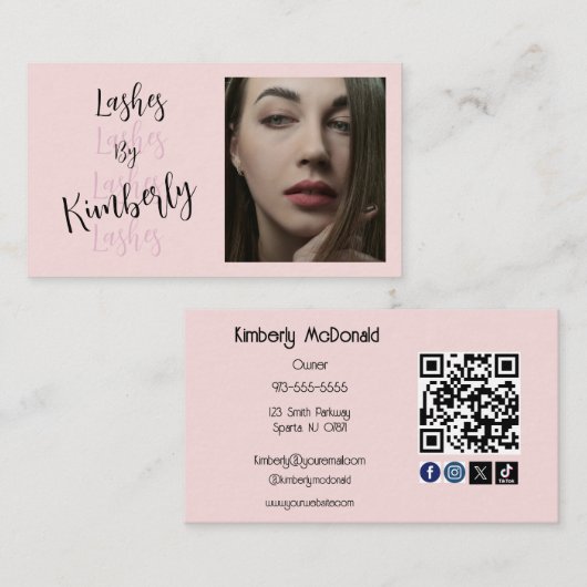 Carte De Visite Code QR d'icône sociale de script Rose Pâle Photo  (Devant / Derrière)