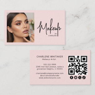 Carte De Visite Code QR d'icône sociale de script rose poudré Phot