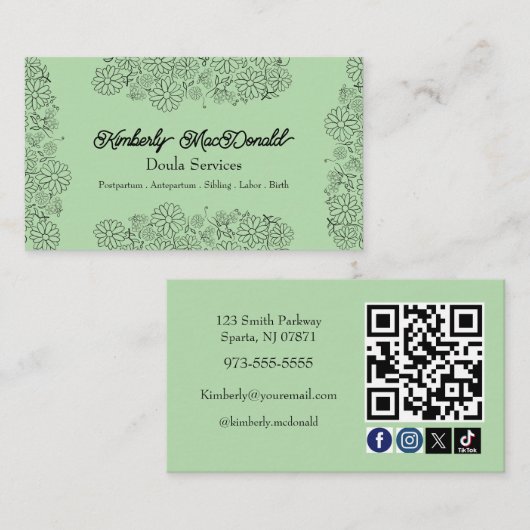 Carte De Visite code QR d'icône sociale des services de doula Vert (Devant / Derrière)