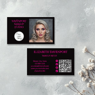 Carte De Visite Code QR d'icône sociale rose chaud noir Photo Maqu