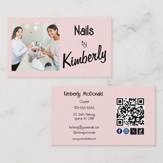 Carte De Visite Code QR d'icônes sociales de script rose Blush Pho (Devant / Derrière)