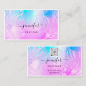 Carte De Visite Code QR du cadre de fleurs Logo personnalisé bleu (Devant / Derrière)