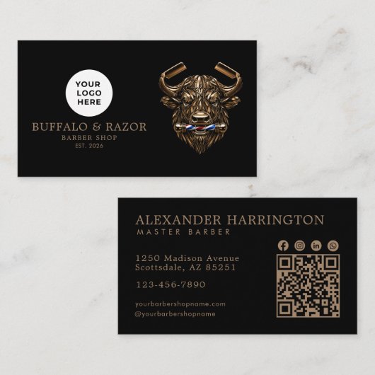 Carte De Visite Code QR du logo buffle en bronze de salon de coiff (Devant / Derrière)