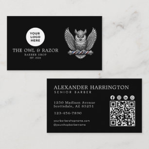 Carte De Visite Code QR du logo de la chouette argentée du salon d