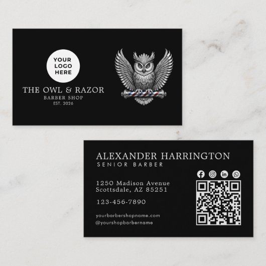 Carte De Visite Code QR du logo de la chouette argentée du salon d (Devant / Derrière)
