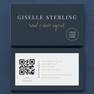 Carte De Visite Code QR du logo de l'agent immobilier bleu marine