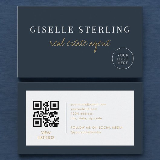 Carte De Visite Code QR du logo de l'agent immobilier bleu marine