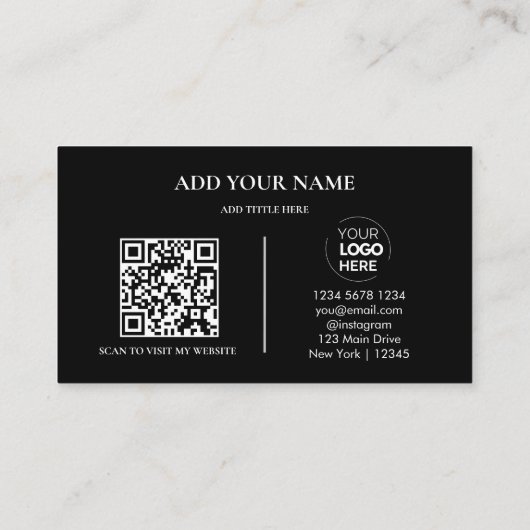 Carte De Visite Code QR du logo de l'entreprise | Noir moderne pro (Dos)