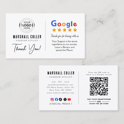 Carte De Visite Code QR du logo de restaurant Google (Devant / Derrière)