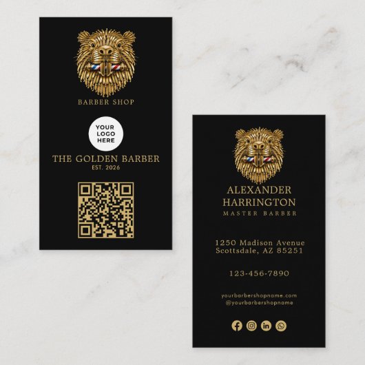 Carte De Visite Code QR du logo de salon de coiffure Modern Golden (Devant / Derrière)