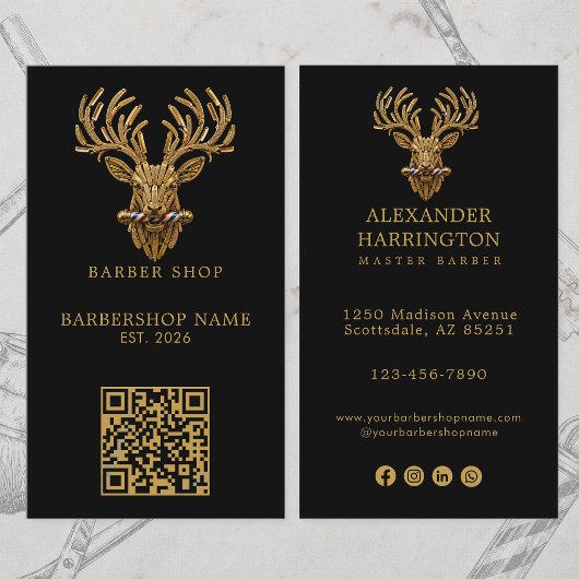 Carte De Visite Code QR du logo de salon de coiffure moderne Gold 