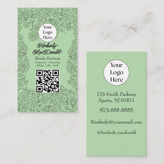 Carte De Visite code QR du logo de script des services de doula Ve (Devant / Derrière)