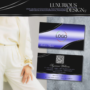 Carte De Visite Code QR du logo des lignes de déco incurvée en ble