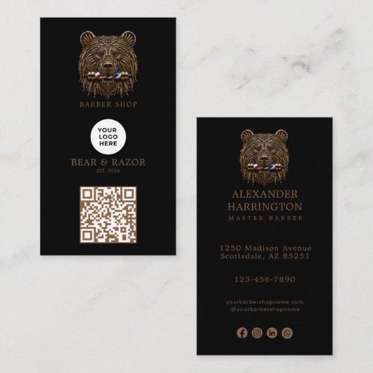 Carte De Visite Code QR du logo du salon de coiffure Modern Bronze (Devant / Derrière)