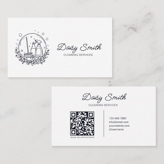Carte De Visite Code QR du logo du service de nettoyage minimalist (Devant / Derrière)