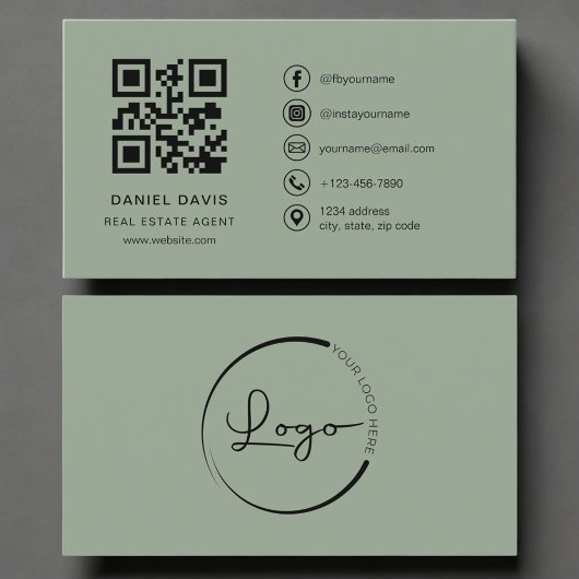 Carte De Visite Code QR du logo Vert Sauge de l'agent immobilier