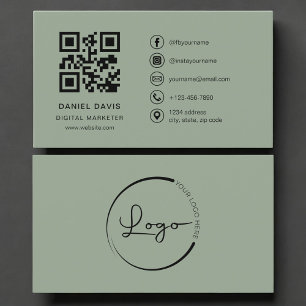 Carte De Visite Code QR du logo vert sauge du marketeur numérique 