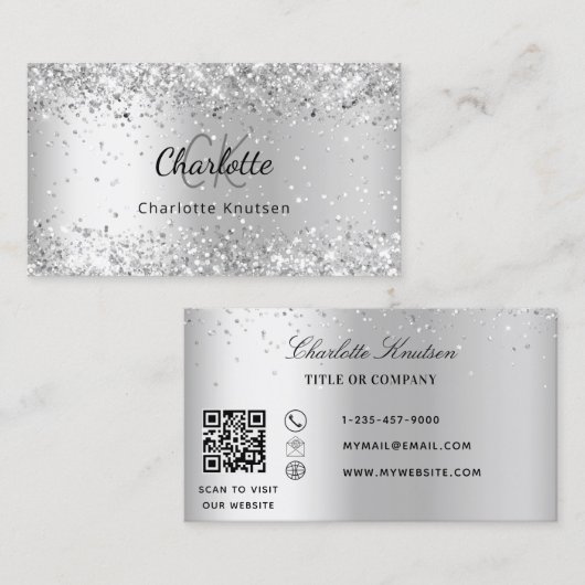 Carte De Visite Code QR du monogramme Silver confetti (Devant / Derrière)