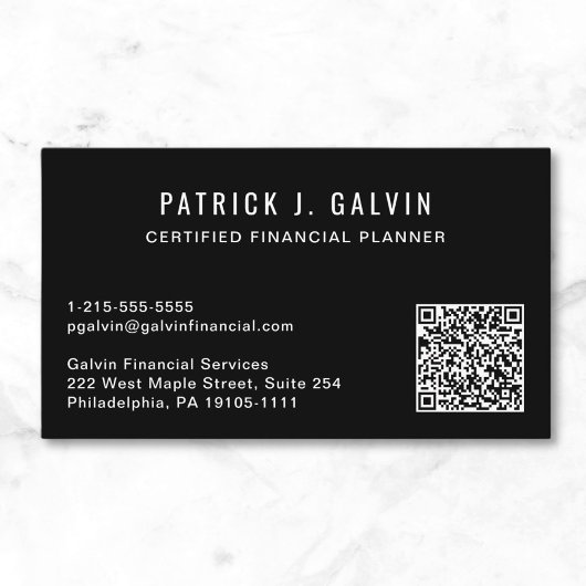 Carte De Visite Code QR du planificateur financier CFP noir