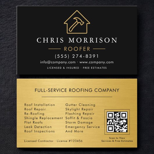 Carte De Visite Code QR du professionnel de la toiture Noir Or