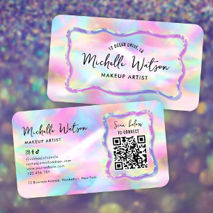 Carte De Visite Code QR du salon de beauté holographique néon irid