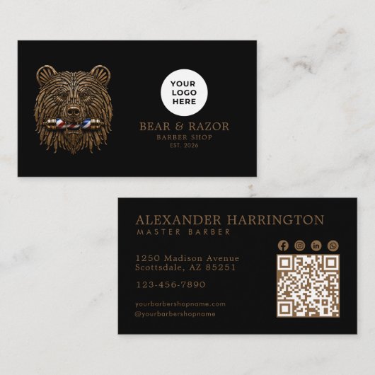 Carte De Visite Code Qr du Salon de Coiffure Bronze Bear Professio (Devant / Derrière)