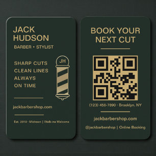 Carte De Visite Code QR du salon de coiffure Green Gold Barber
