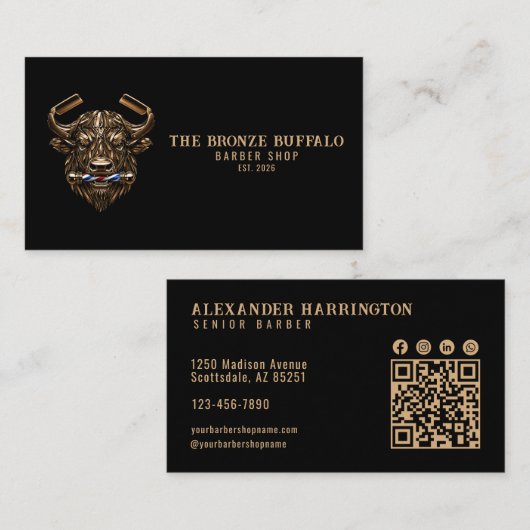 Carte De Visite Code QR du salon de coiffure Modern Barber Bronze  (Devant / Derrière)