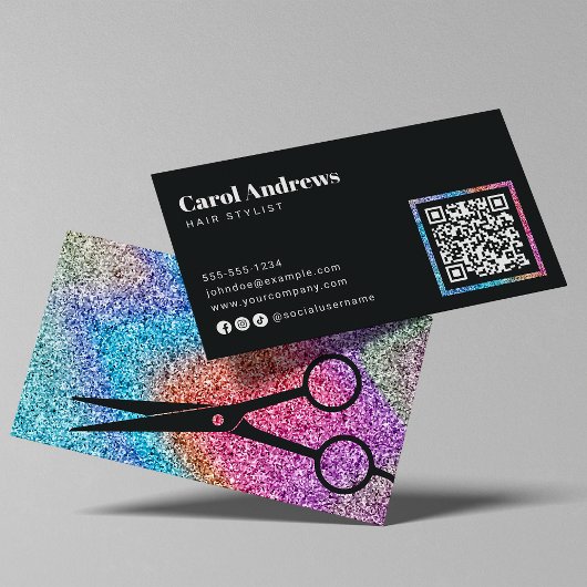 Carte De Visite Code QR du salon de coiffure noir à paillettes mod