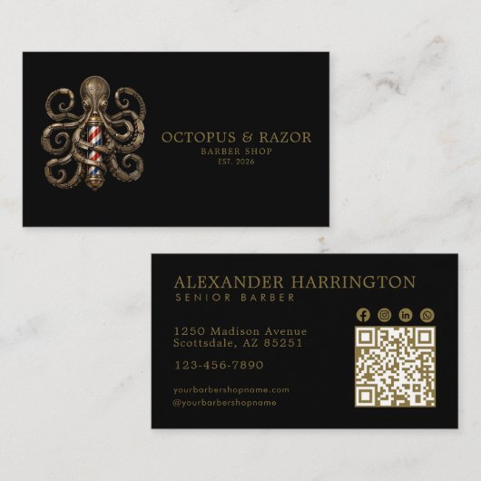 Carte De Visite Code Qr du Salon de Coiffure Professionnel Pieuvre (Devant / Derrière)