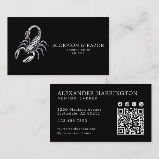 Carte De Visite Code Qr du Salon de Coiffure Professionnel Scorpio (Devant / Derrière)
